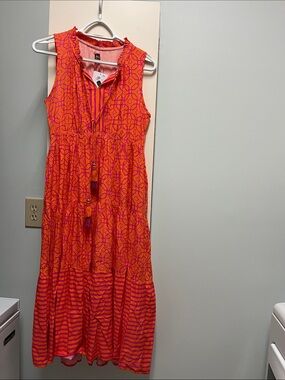 Orange & Pink Sleeveless Midi Dress with Tassel Tie